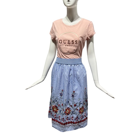 NWOT MAGIC Floral Embroidered Skirt Blue Checkered Garterized Waist Size XL - Picture 3 of 15